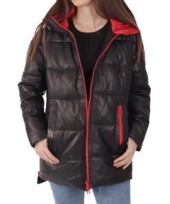 Women's Black Hooded Leather Puffer Jacket