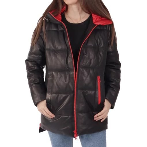 Women's Black Hooded Leather Puffer Jacket