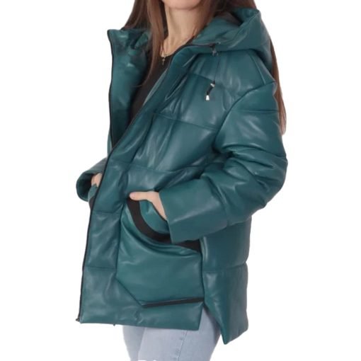 Women's Blue Hooded Leather Puffer Jacket