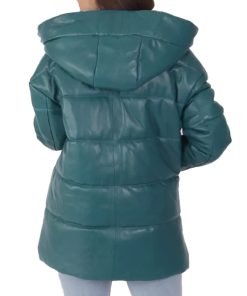 Women's Blue Hooded Leather Puffer Jacket