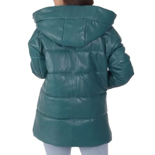 Women's Blue Hooded Leather Puffer Jacket