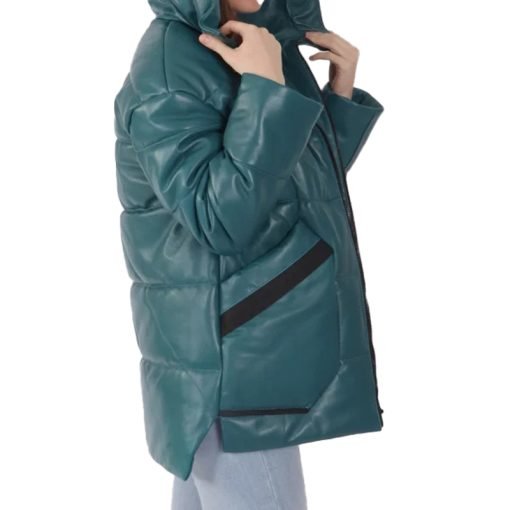 Women's Blue Hooded Leather Puffer Jacket