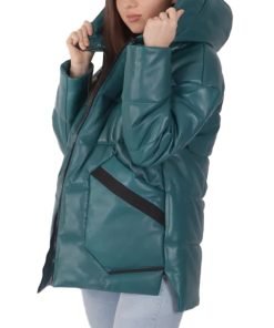Women's Blue Hooded Leather Puffer Jacket