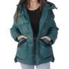 Women's Blue Hooded Leather Puffer Jacket