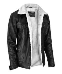 Men Black Leather Sherpa Jacket