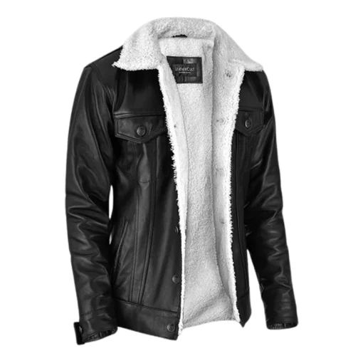 Men Black Leather Sherpa Jacket