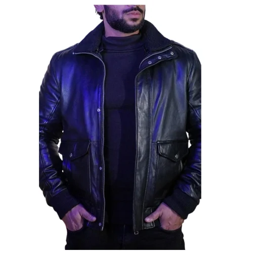 Men Bomber Black Leather Jacket