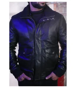 Men Bomber Black Leather Jacket With Fur Collar