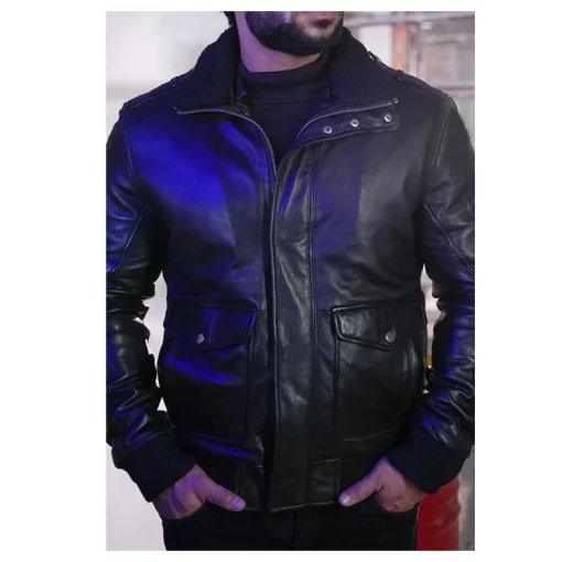 Men Bomber Black Leather Jacket With Fur Collar