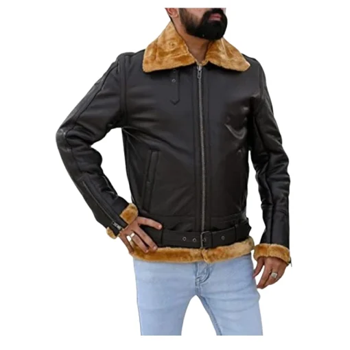 Men Brown Premium Shearling Fur Leather Jacket
