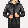 Mens Black Bomber Hooded Leather Jacket