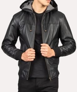 Mens Black Bomber Hooded Leather Jacket