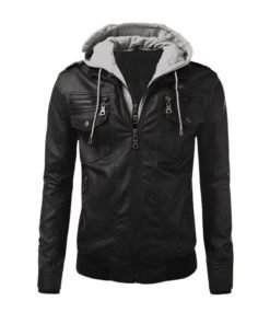 Mens Black Leather Hooded Jacket