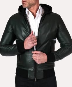 Men's Green Bomber Hooded Leather Jacket