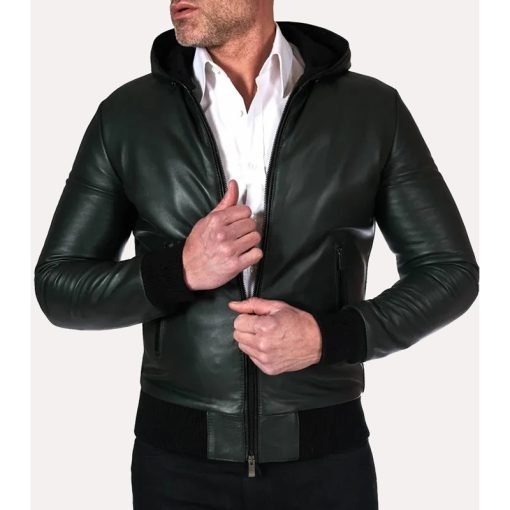 Men's Green Bomber Hooded Leather Jacket