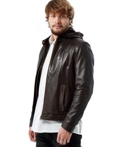 Men’s Real Brown Leather Hooded Jacket