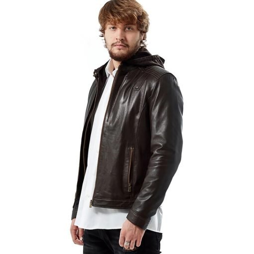 Men’s Real Brown Leather Hooded Jacket