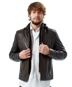 Men’s Real Brown Leather Hooded Jacket