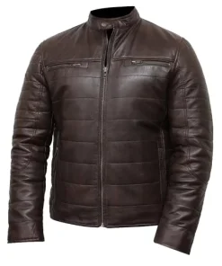 Mens-Brown-Cafe-Racer-Puffer-Leather-Jacket