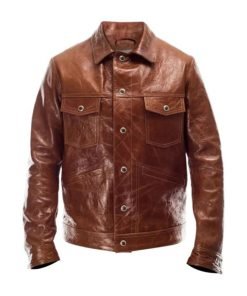 Men Brown Leather Trucker Jacket