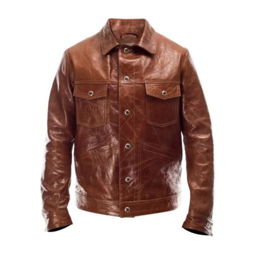Men Brown Leather Trucker Jacket