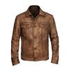 Men Distressed Leather Trucker Jacket