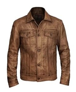 Men Distressed Leather Trucker Jacket