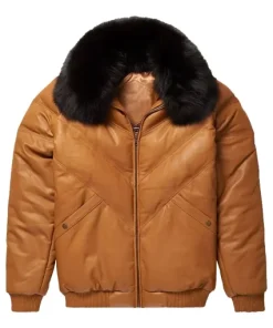 Mens-Fur-Collar-Bomber-Brown-Leather-Jacket 1