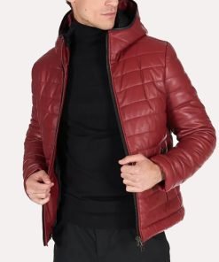 Mens Red Puffer Hooded Leather Jacket