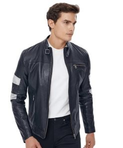 Men’s Real Black Leather Belted Collar Jacket