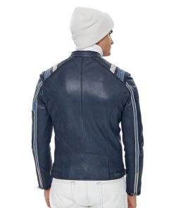 Men’s Real Navy Blue Leather Cafe Racer Jacket