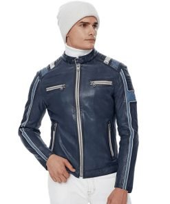 Men’s Real Navy Blue Leather Cafe Racer Jacket