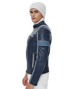Men’s Real Navy Blue Leather Cafe Racer Jacket