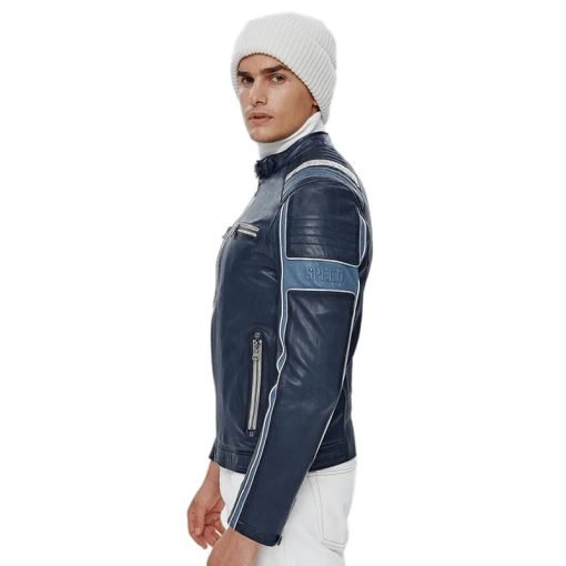 Men’s Real Navy Blue Leather Cafe Racer Jacket