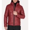 Mens Red Puffer Hooded Leather Jacket