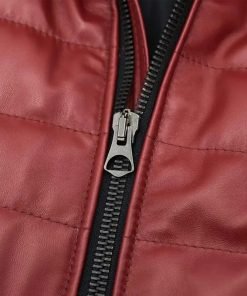 Mens Red Puffer Hooded Leather Jacket