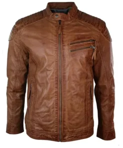 Mens-Slimfit-Brown-Cafe-Racer-Padded-Leather- jacket