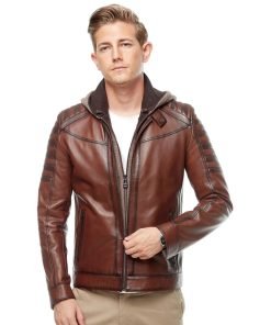 Men’s Real Brown Leather Hooded Jacket