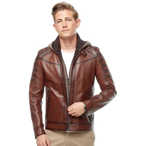 Men’s Real Brown Leather Hooded Jacket