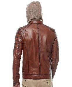 Men’s Real Brown Leather Hooded Jacket