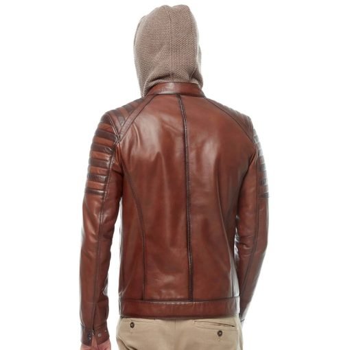 Men’s Real Brown Leather Hooded Jacket