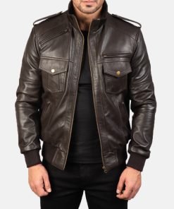 Agent Shadow Brown Leather Bomber Jacket