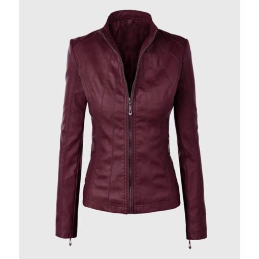 Mia Maroon Moto Biker Leather Jacket