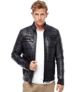 Men’s Real Navy Leather Bomber Jacket