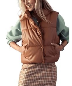 Women's-Puffer-Leather-Vest-In-Brown