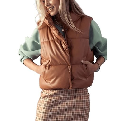 Women's-Puffer-Leather-Vest-In-Brown