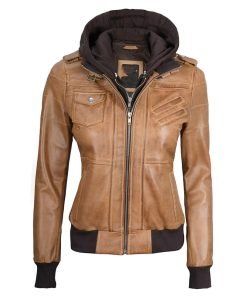 Women Camel Brown Bomber Leather Jacket