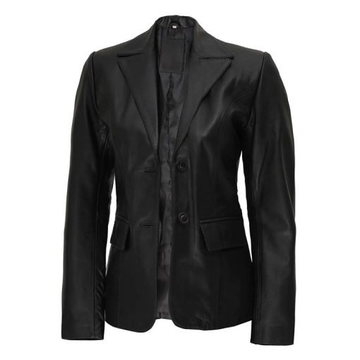 Women's Two Button Black Leather Blazer Jacket