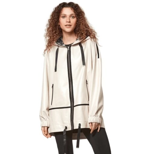 Women’s Real Beige Leather Hooded Jacket