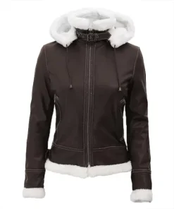 Womens-Brown-Hooded-White-Shearling-Jacket